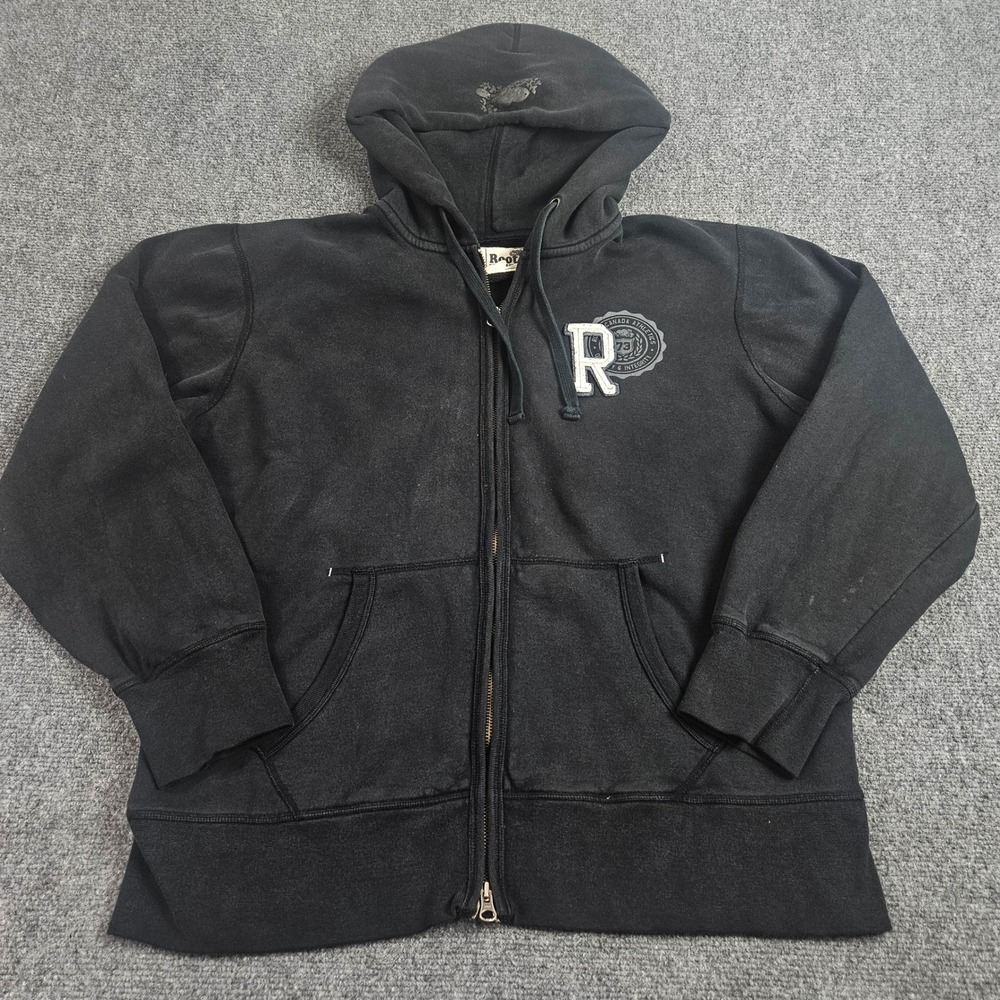 Roots Full Zip Hoodie Mens‎ XL Black Patch Athletic y2k Grunge Streetwear Urban